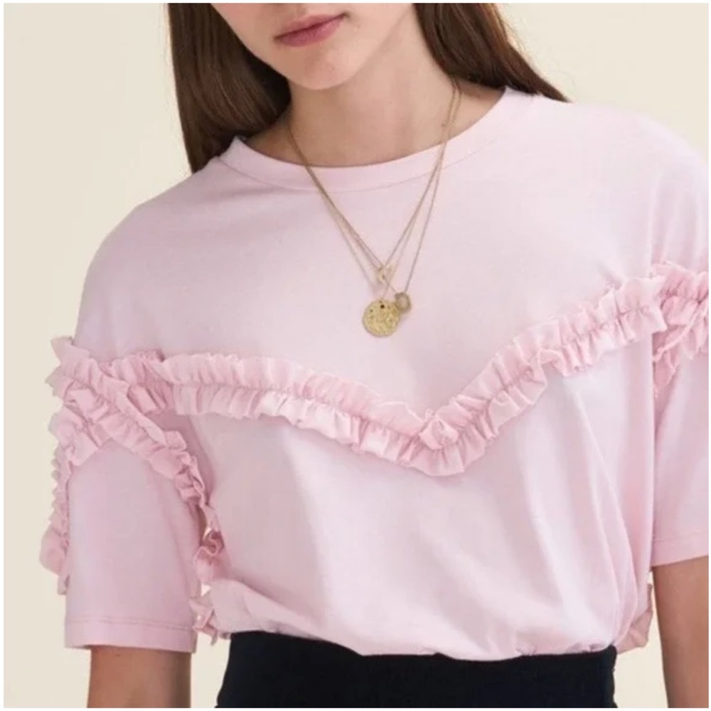 MAJE rose light pink Tournoi ruffle frill stripe detail T-shirt top - Picture 1 of 9